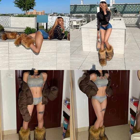 ⚡Women Rosered Faux Fur Winter Warm Knee High Flat Heel Fluffy Snow Fur Boots - Picture 8 of 9